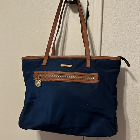 Michael Kors Handbags - Michael Kors Navy Blue Nylon & Brown Leather Trim Tote Bag Shoulder Purse AS IS!